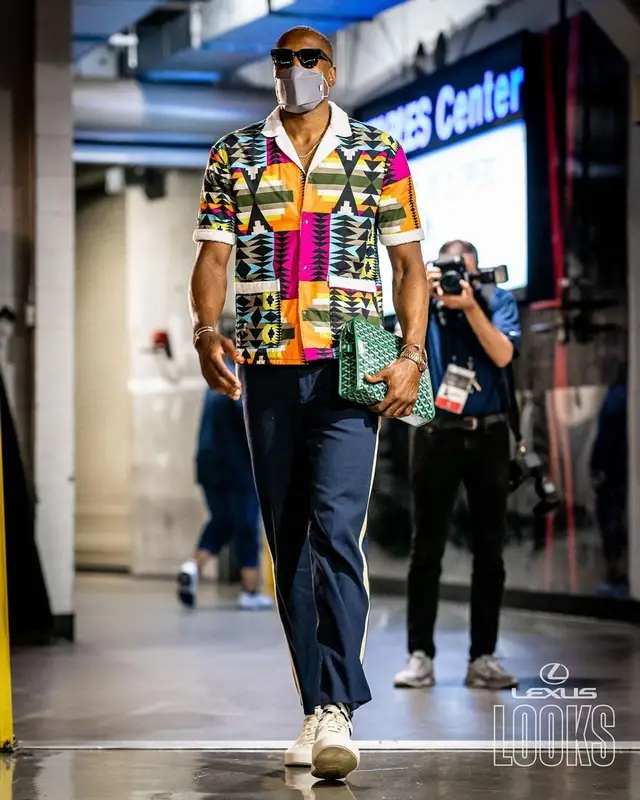 Serge Ibaka outfit in Marcelo Burlon, Oscar and Frank, and Henry Mask, 2021