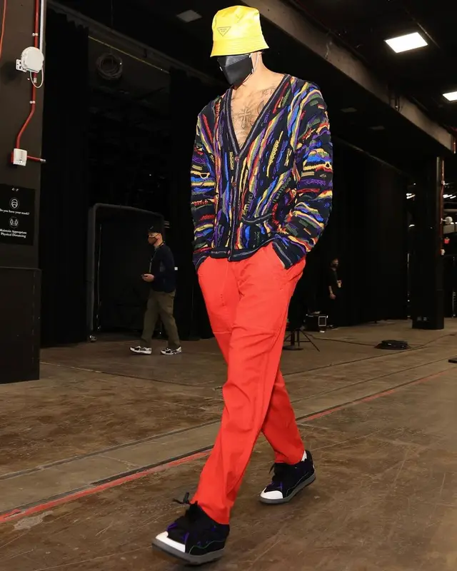Kyle Kuzma outfit in Lanvin, Prada, and Henry Mask, 2021