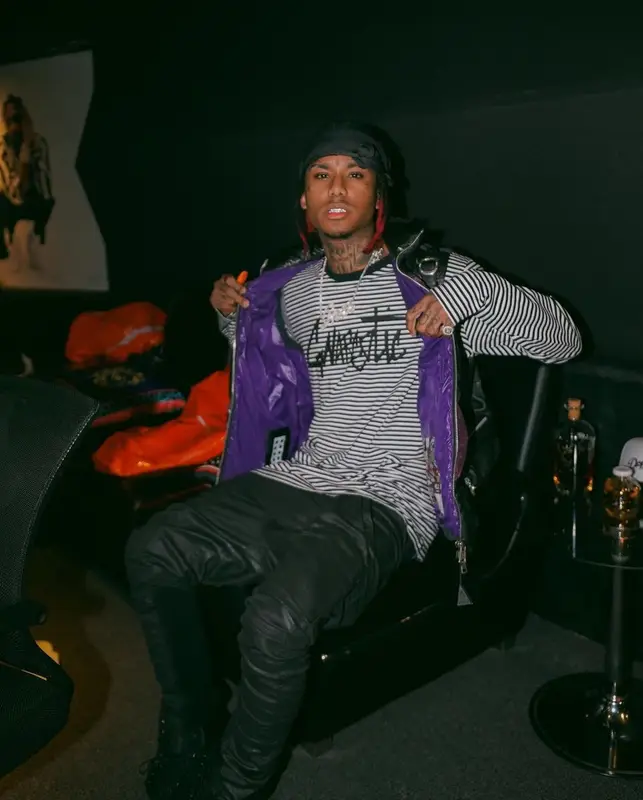 Lil Gnar outfit in Moncler, Gnarcotic, and Palm Angels, 2021