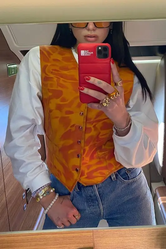 Dua Lipa outfit in Jean Paul Gaultier, Lexxola, and La Manso, 2021