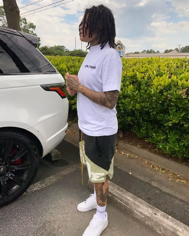 Young M.A outfit in Palm Angels, Rhude, and Balenciaga, 2021