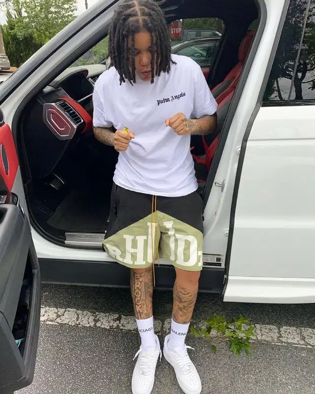 Young M.A outfit in Palm Angels, Rhude, and Balenciaga, 2021