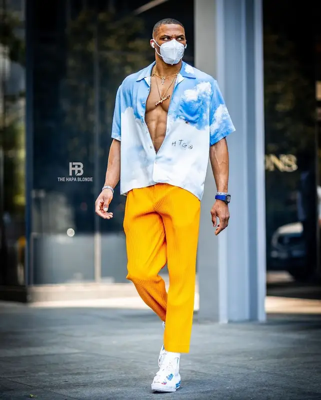 Russell Westbrook outfit in Honor The Gift, Issey Miyake, and Converse, 2021
