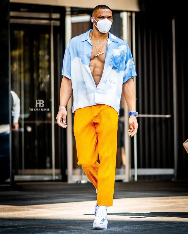 Russell Westbrook outfit in Honor The Gift, Issey Miyake, and Converse, 2021