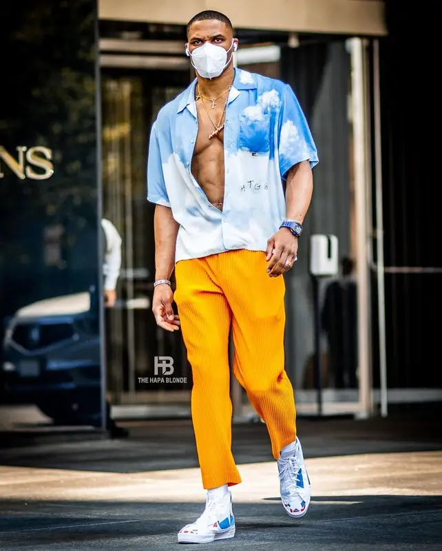 Russell Westbrook outfit in Honor The Gift, Issey Miyake, and Converse, 2021