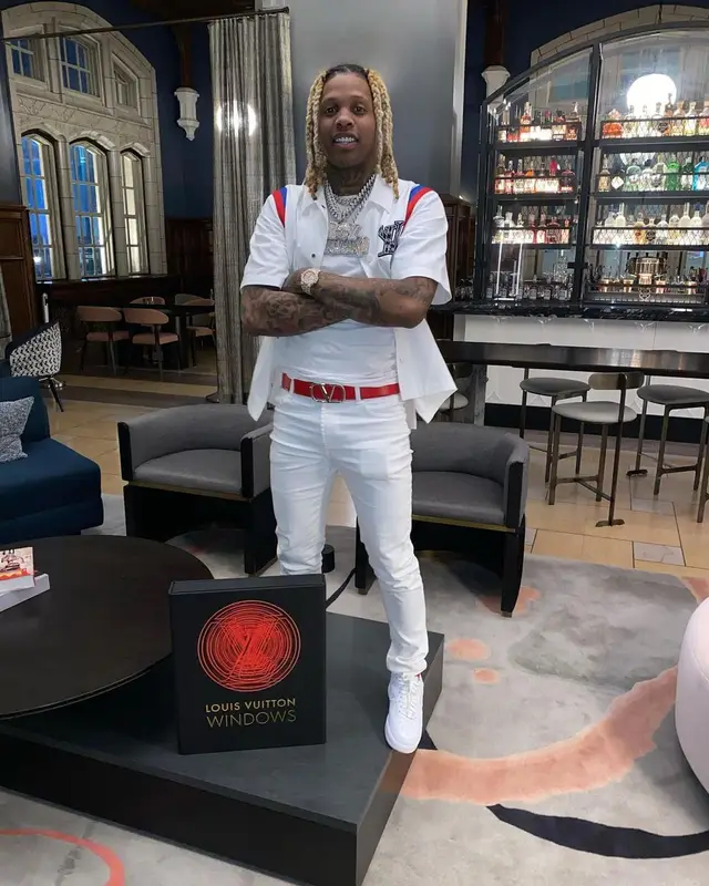Lil Durk outfit in Louis Vuitton, Valentino, and NBA, 2021