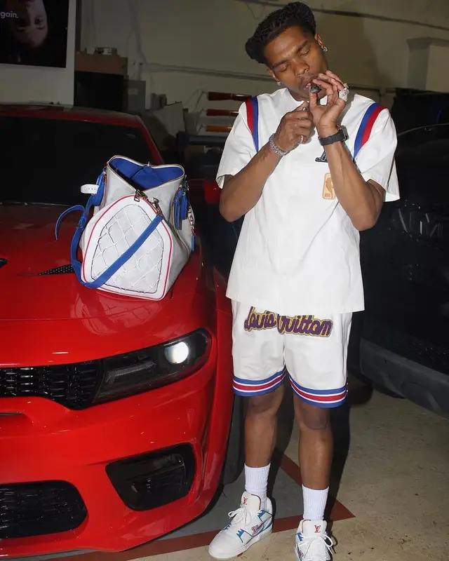 Lil Baby outfit in Louis Vuitton and NBA, 2021