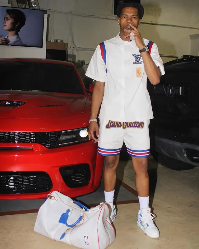 Lil Baby outfit in Louis Vuitton and NBA, 2021
