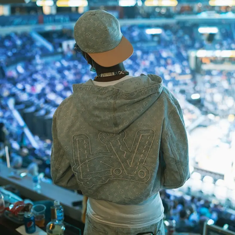 Young Dolph outfit in NBA and Louis Vuitton, 2021