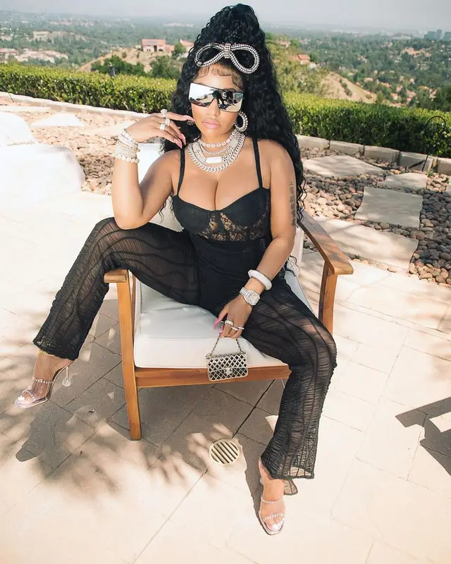 Nicki Minaj outfit in LaQuan Smith, Chanel, and Area, 2021