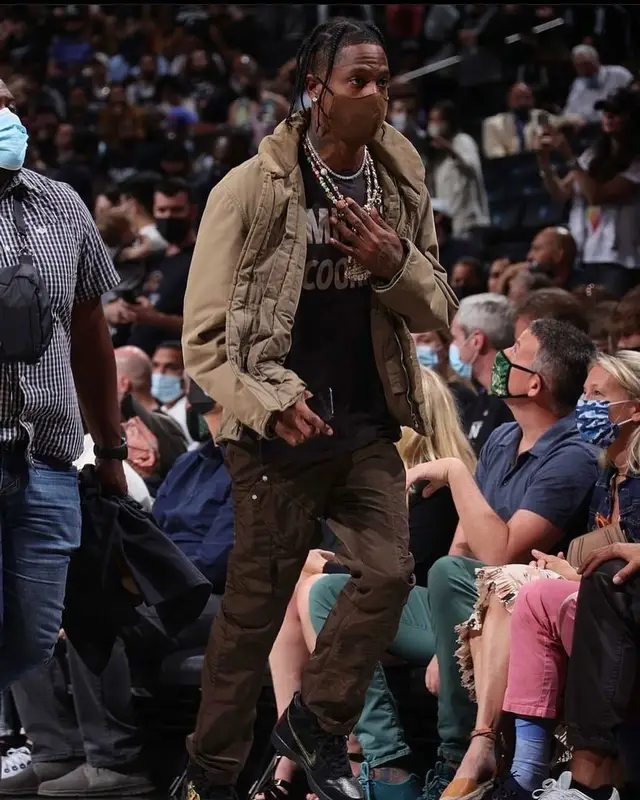 Travis Scott outfit in Helmut Lang, Number (N)ine, and Alyx, 2021