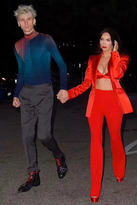 Megan Fox outfit in Alex Perry and Stuart Weitzman, 2021