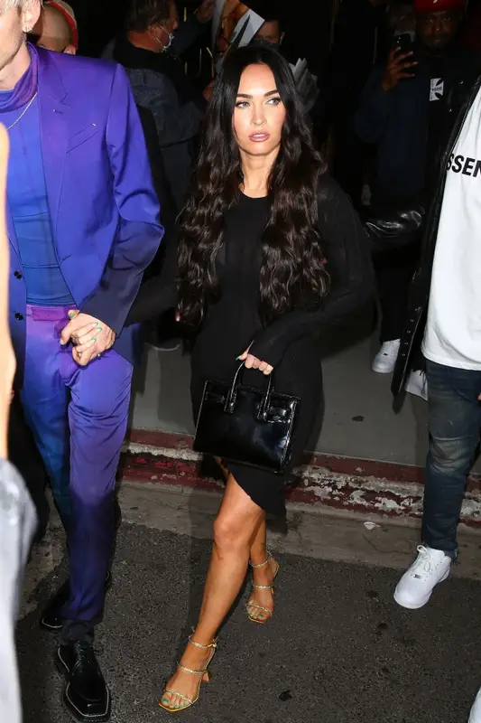 Megan Fox outfit in Saint Laurent, Sami Miro, and Amina Muaddi, 2021