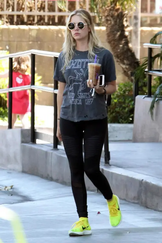 Ashley Benson outfit in Alo Yoga, Nike, and Perverse, 2016