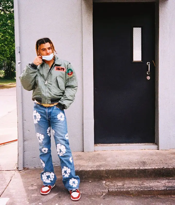 24kGoldn outfit in Denim Tears, Levi’s, and Fugazi, 2021