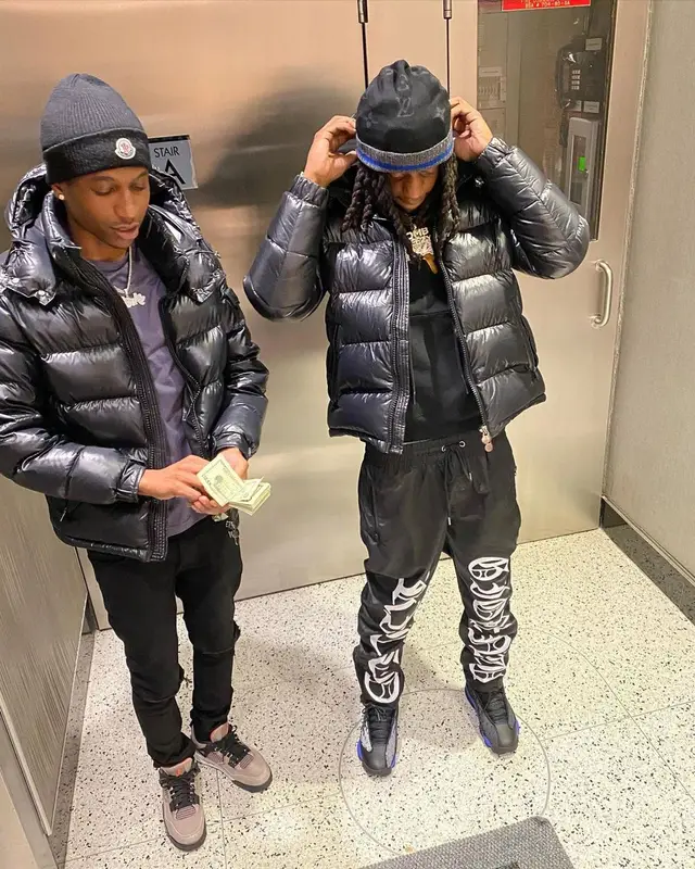 OMB Peezy outfit in Moncler, Jordan, and Louis Vuitton, 2021