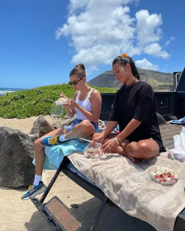 Hailey Bieber outfit in EB Denim, The Attico, and Linda Farrow, 2021
