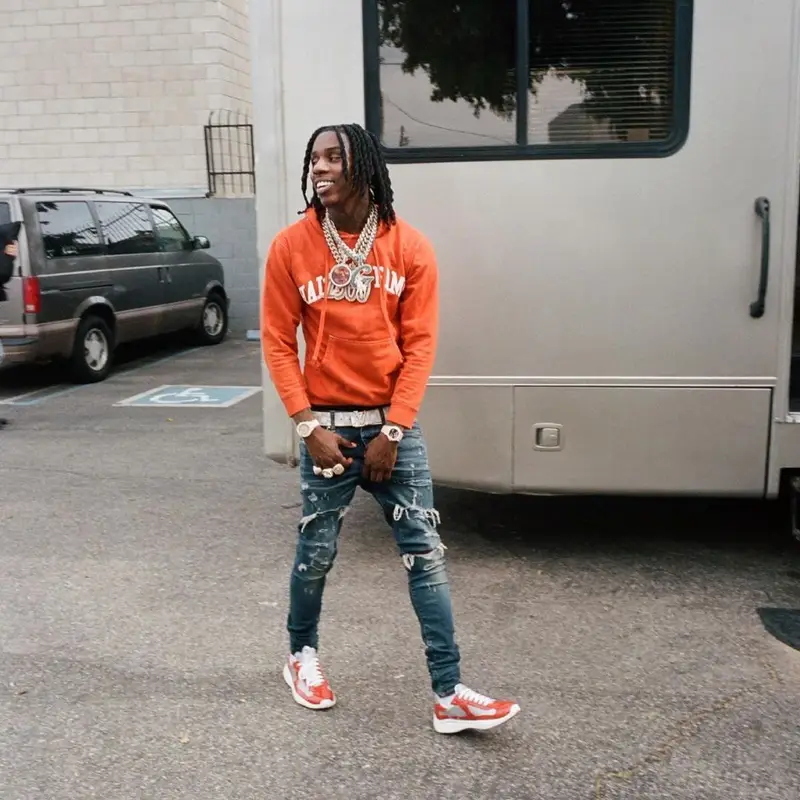 Polo G outfit in Polo G Merch, Amiri, and Louis Vuitton, 2021