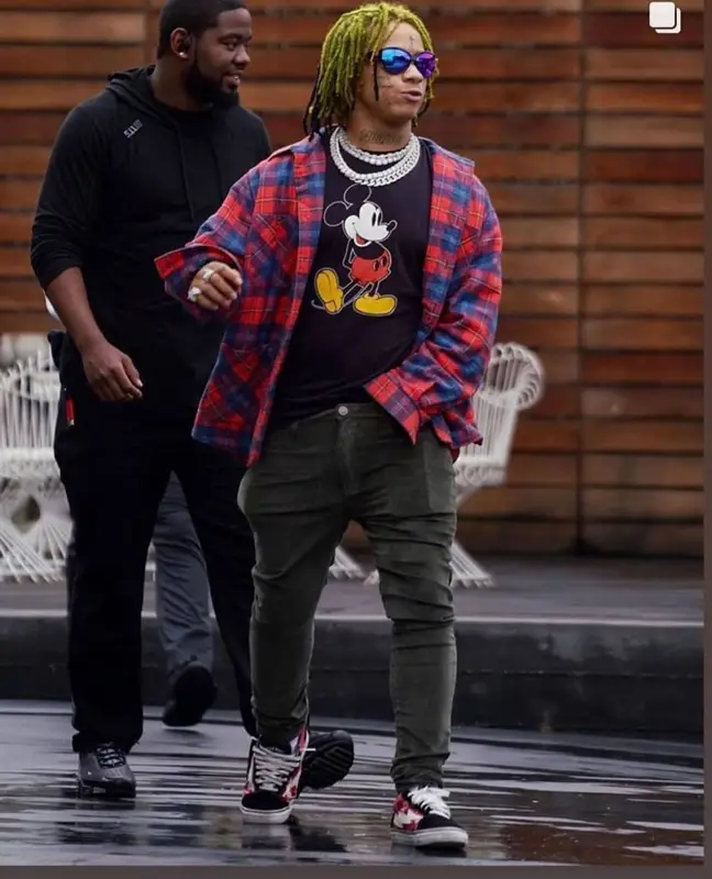 Trippie Redd outfit in Gucci, Balenciaga, and Disney, 2020