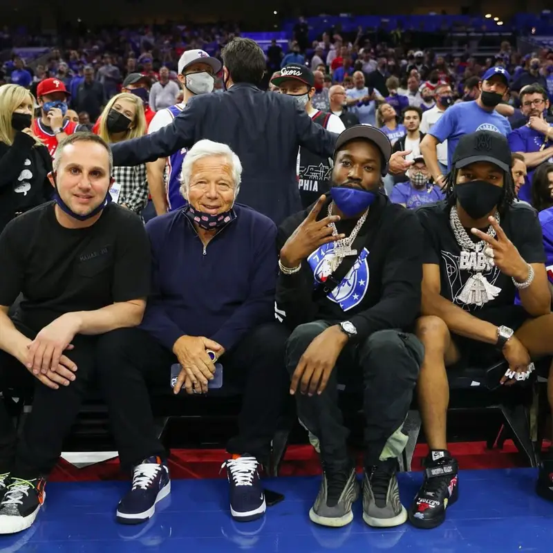 Meek Mill outfit in Rhude, Adidas, and New Era, 2021
