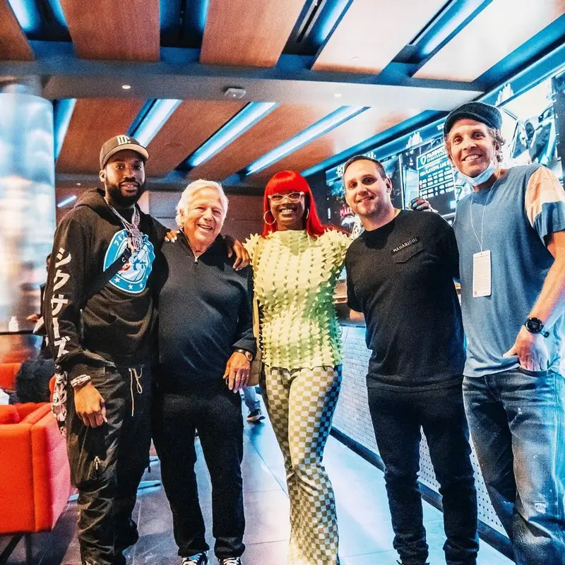 Meek Mill outfit in Rhude, Adidas, and New Era, 2021
