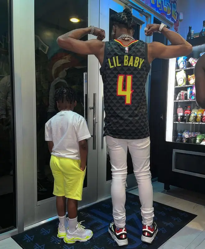 Lil Baby outfit in Atlanta Hawks, Amiri, and Dior, 2021