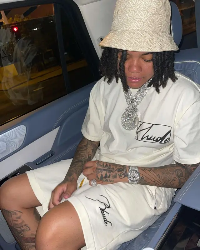 Young M.A outfit in Rhude and Burberry, 2021
