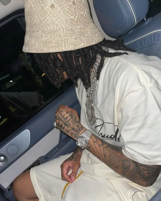 Young M.A outfit in Rhude and Burberry, 2021