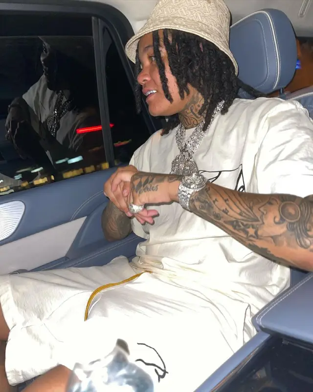 Young M.A outfit in Rhude and Burberry, 2021