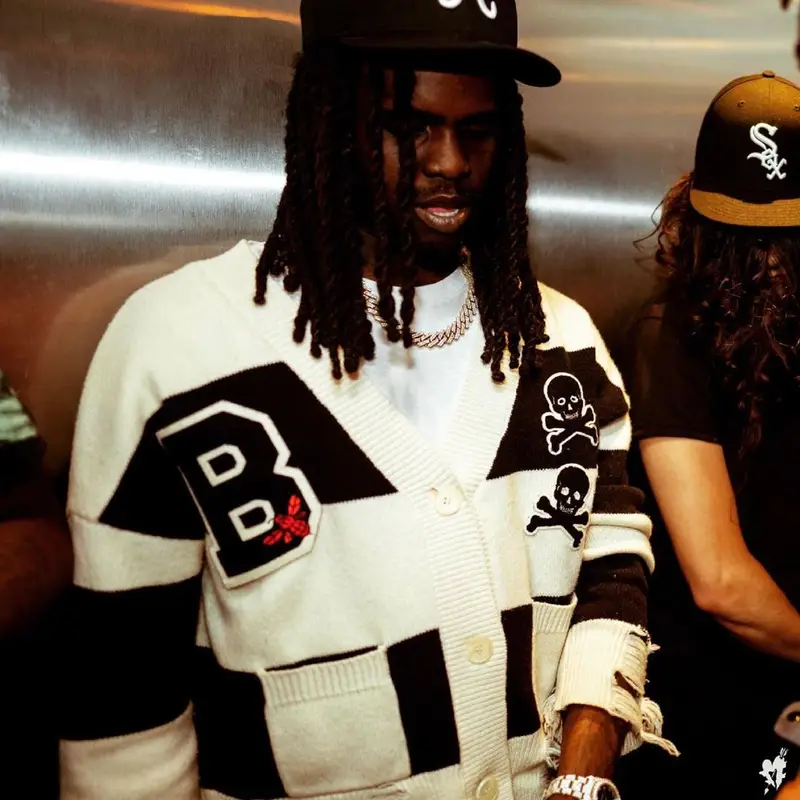 Chief Keef outfit in Kam Vercetti, Louis Vuitton, and New Era, 2021