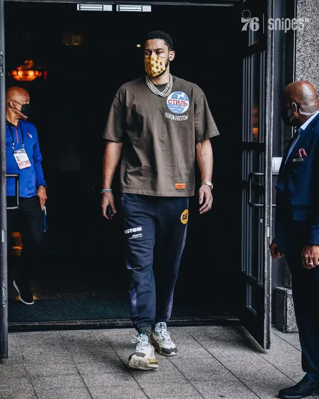 Ben Simmons outfit in Heron Preston, Caterpillar, and Nike, 2021