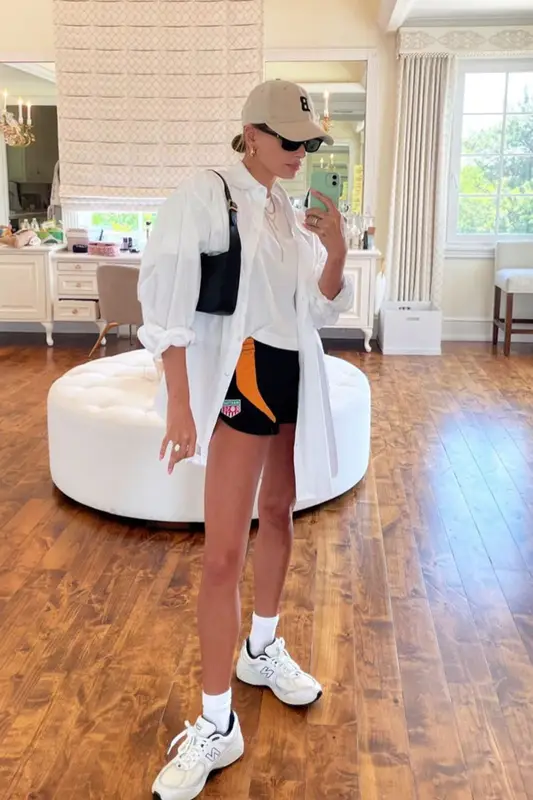 Hailey Bieber outfit in The Attico, Bronze 56K, and Linda Farrow, 2021