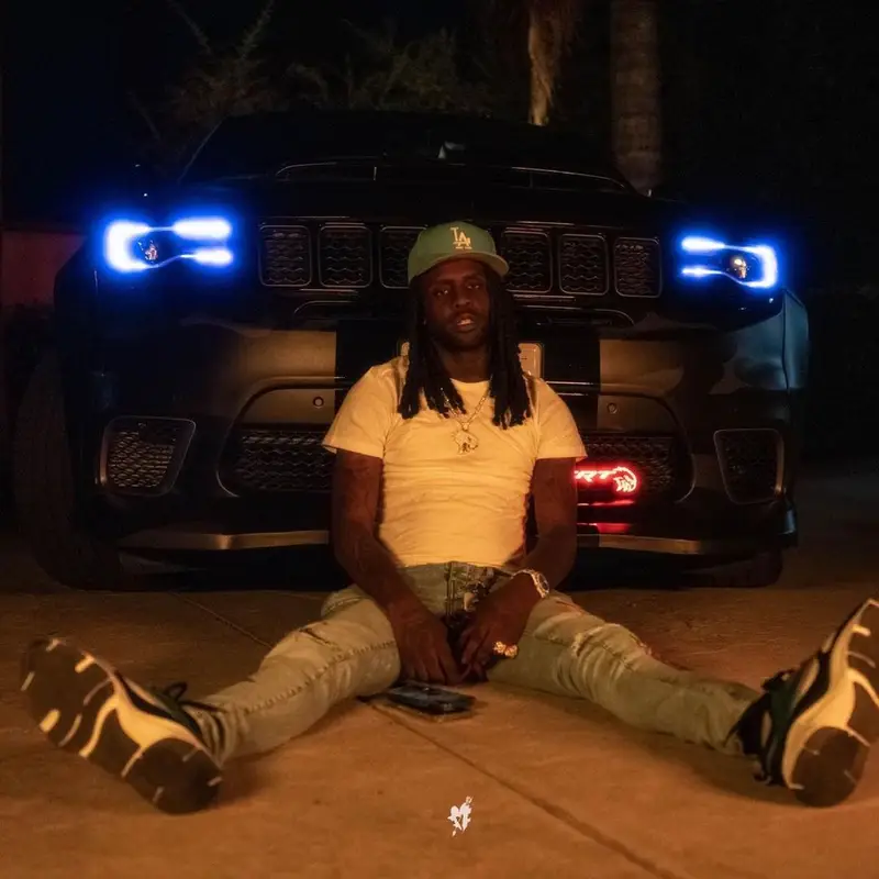 Chief Keef outfit in Polo Ralph Lauren, Amiri, and New Era, 2021