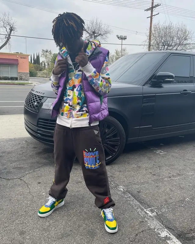 Pasto Flocco outfit in Moncler, Bape, and Travis Scott Merch, 2021