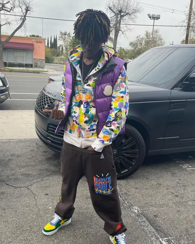 Pasto Flocco outfit in Moncler, Bape, and Travis Scott Merch, 2021