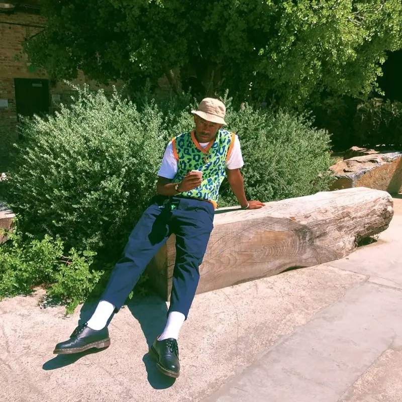 Tyler, The Creator outfit in Golf Wang, Supreme, and Dr. Martens, 2019
