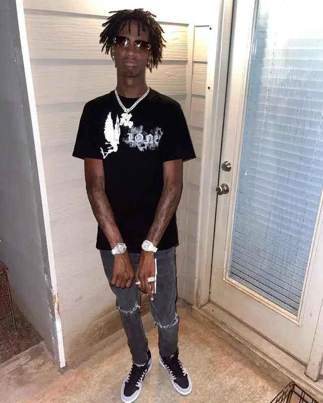 Yung Mal outfit in Vlone, Purple Brand, and Nike, 2021