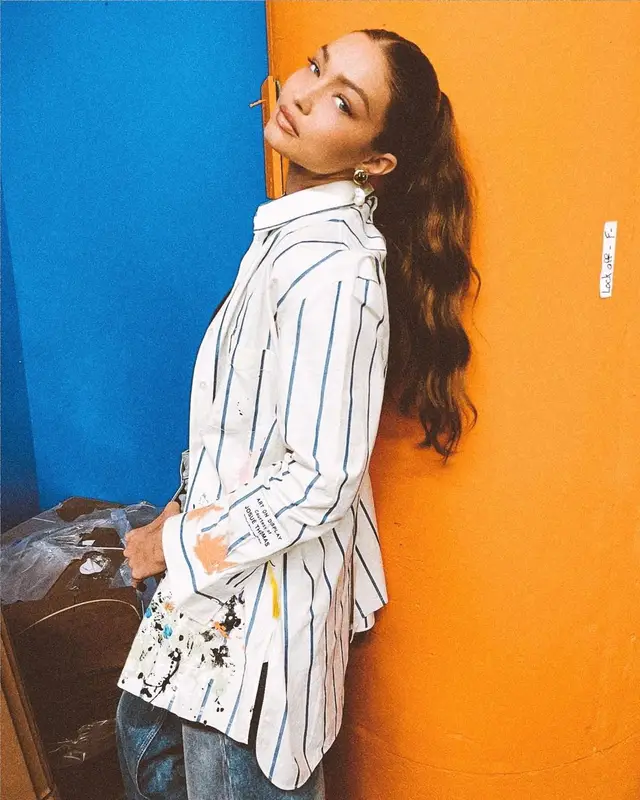 Gigi Hadid outfit in Lanvin, Gallery Dept., and Skims, 2021