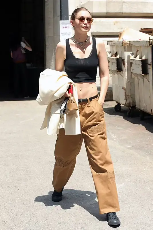 Gigi Hadid outfit in Wardrobe.NYC, Brain Dead, and Kate Cate, 2021