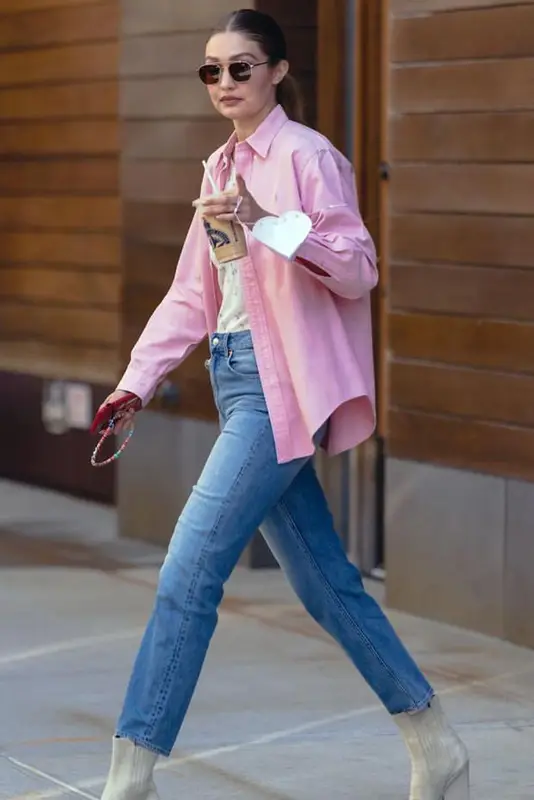 Gigi Hadid outfit in Polo Ralph Lauren, String Ting, and Kaze, 2021
