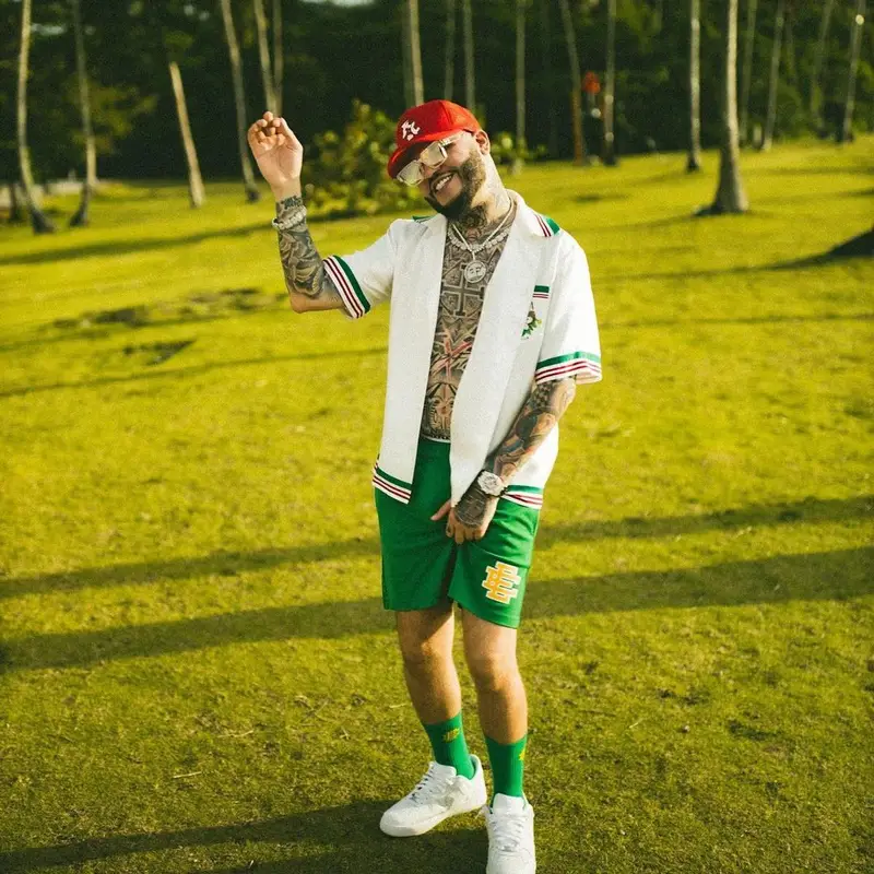 Farruko outfit in Casablanca, Eric Emanuel, and Louis Vuitton, 2021