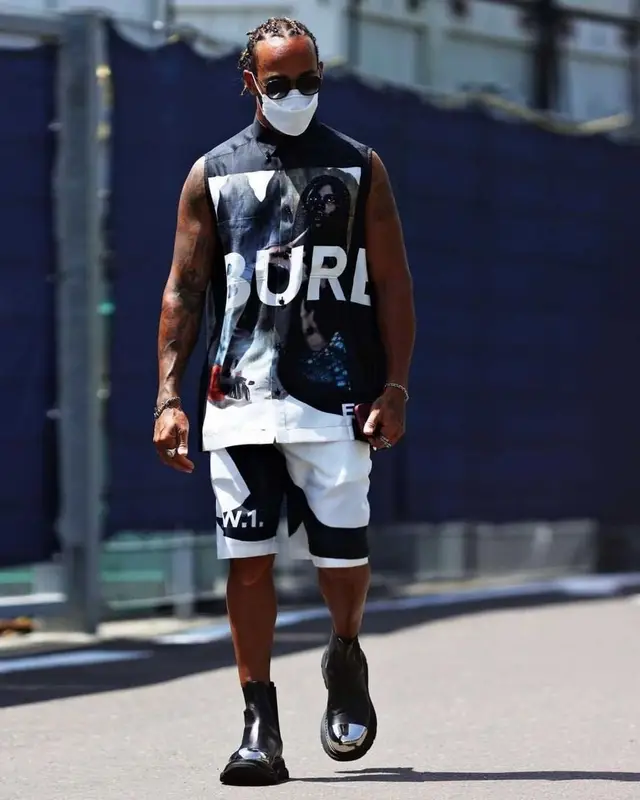 Lewis Hamilton outfit in Burberry, Police, and Lewis Hamilton, 2021