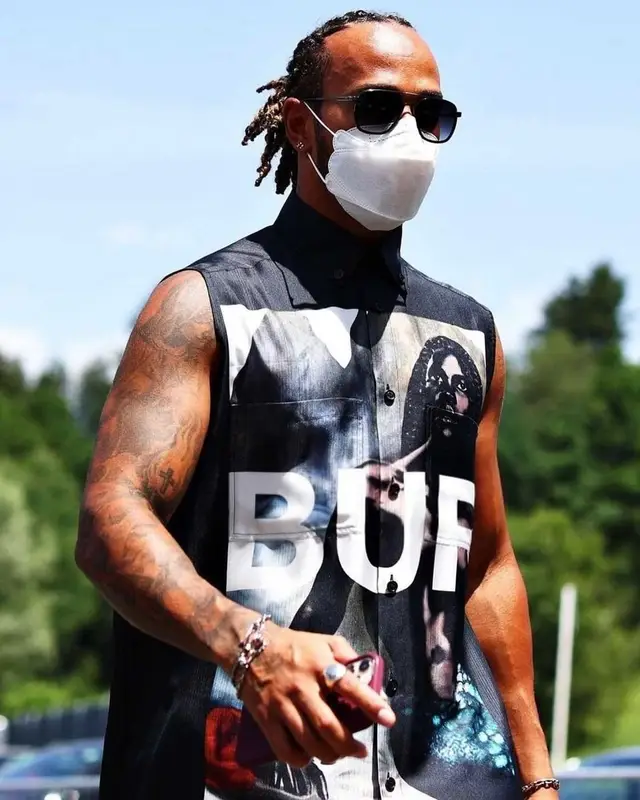 Lewis Hamilton outfit in Burberry, Police, and Lewis Hamilton, 2021