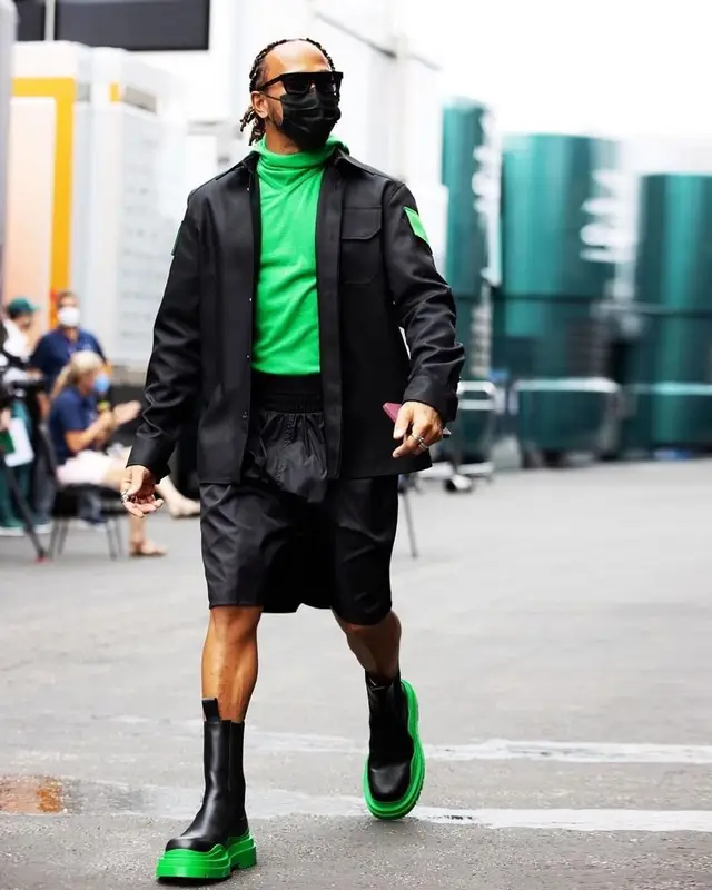 Lewis Hamilton outfit in Bottega Veneta, Police, and Lewis Hamilton, 2021