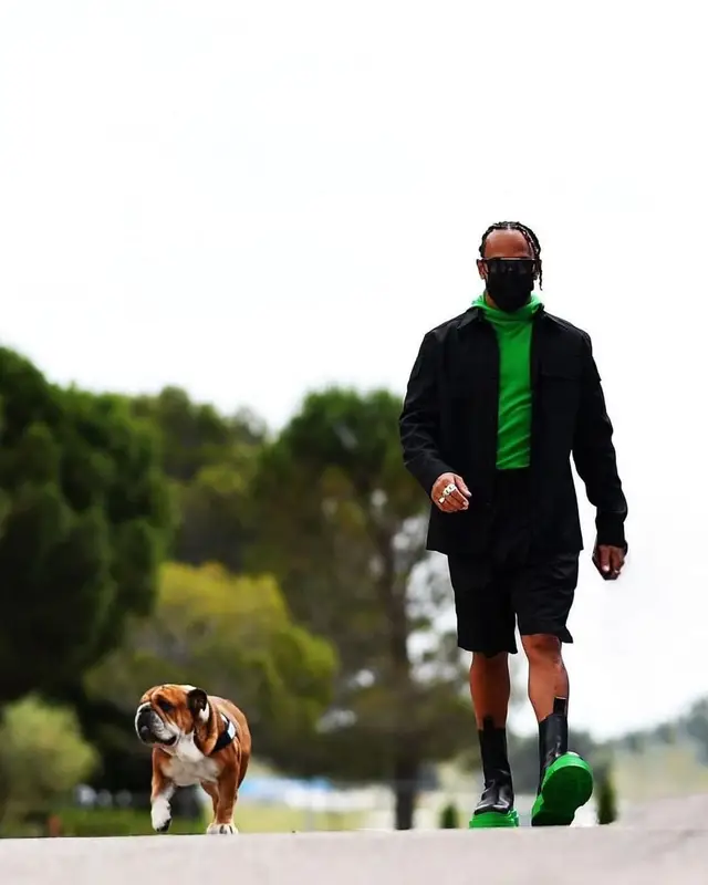 Lewis Hamilton outfit in Bottega Veneta, Police, and Lewis Hamilton, 2021