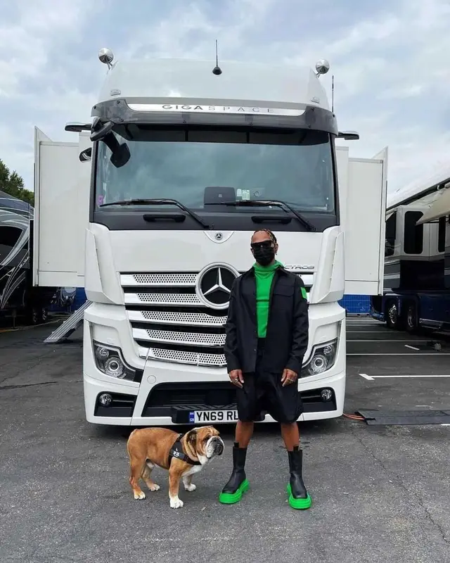 Lewis Hamilton outfit in Bottega Veneta, Police, and Lewis Hamilton, 2021