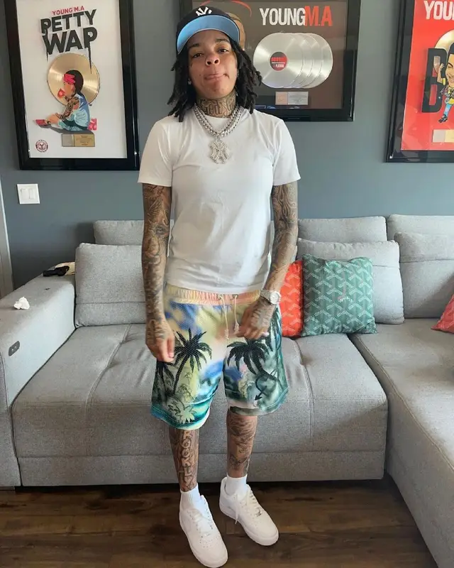 Young M.A outfit in Palm Angels, Nike, and New Era, 2021