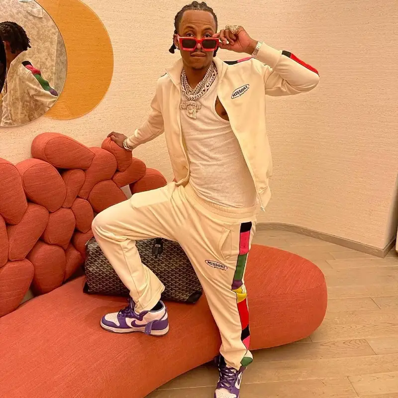 Rich The Kid outfit in Palm Angels, Louis Vuitton, and Missoni, 2021