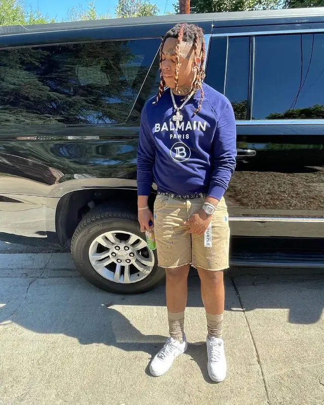 Lil Gotit outfit in Balmain, Purple Brand, and Dior, 2021