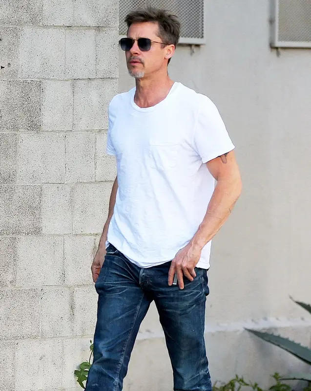 Brad Pitt outfit in Frame, MasterCraftUnion, and Etnia Barcelona, 2017